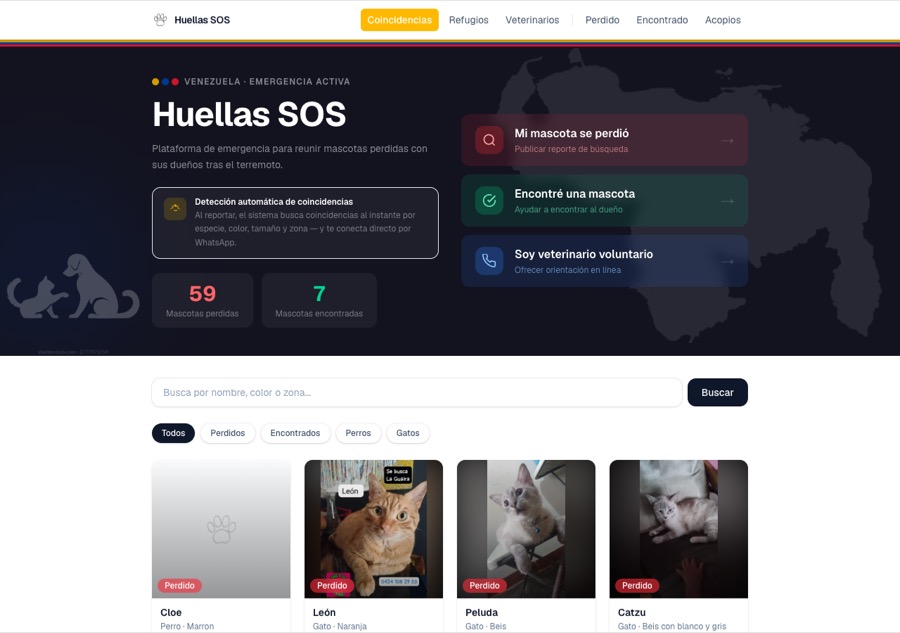 Sitio web real de Huellas SOS, construido con Qodira Sites