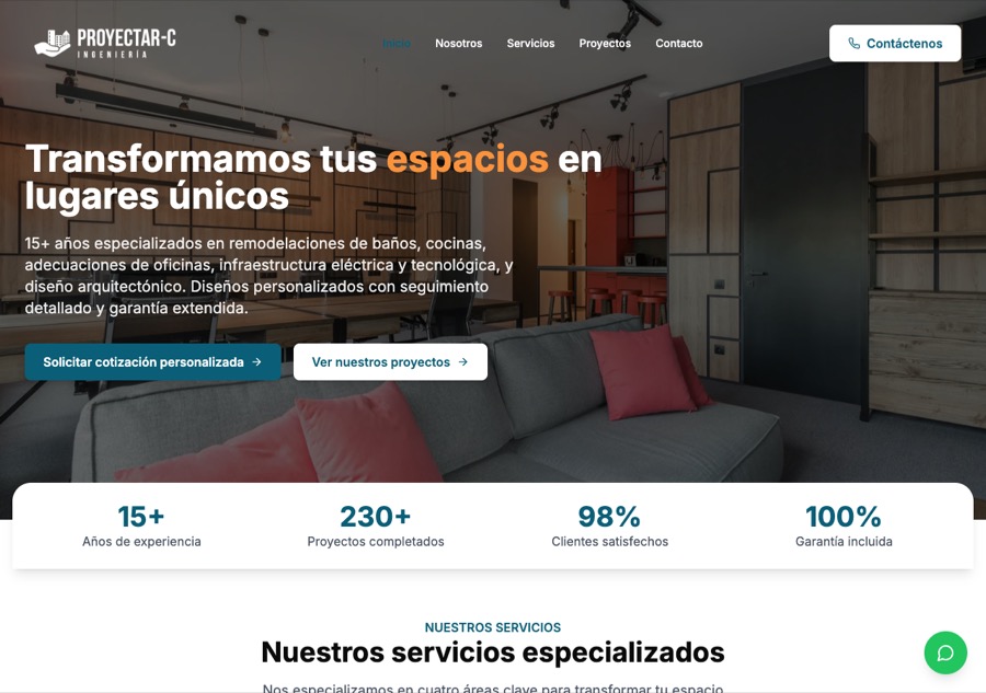 Sitio web real de ProyectarC, construido con Qodira Sites