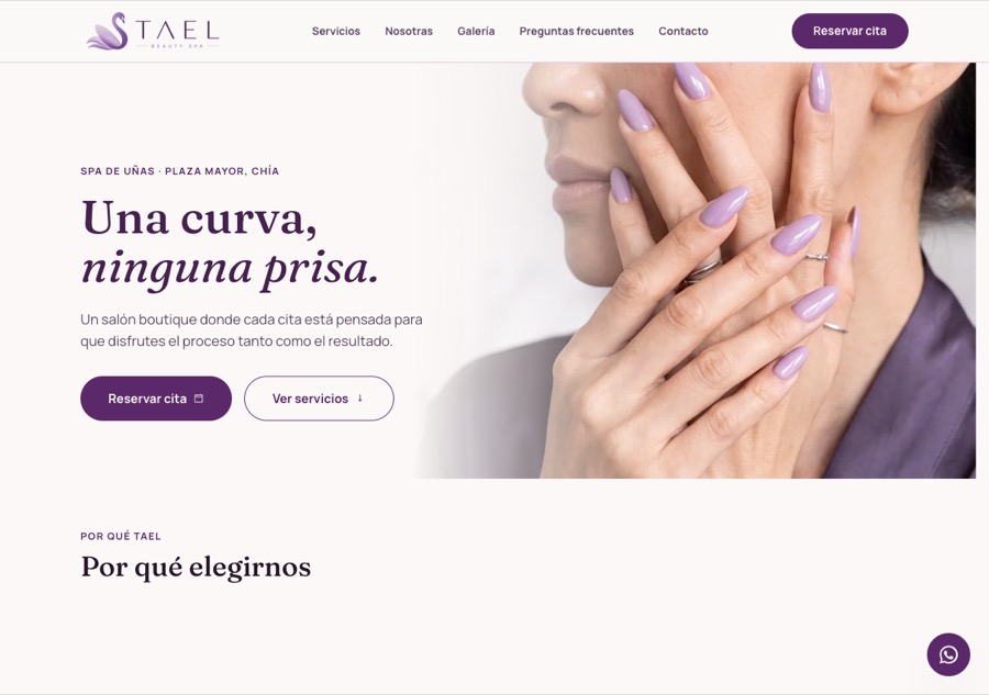 Sitio web real de TAEL Beauty Spa, construido con Qodira Sites